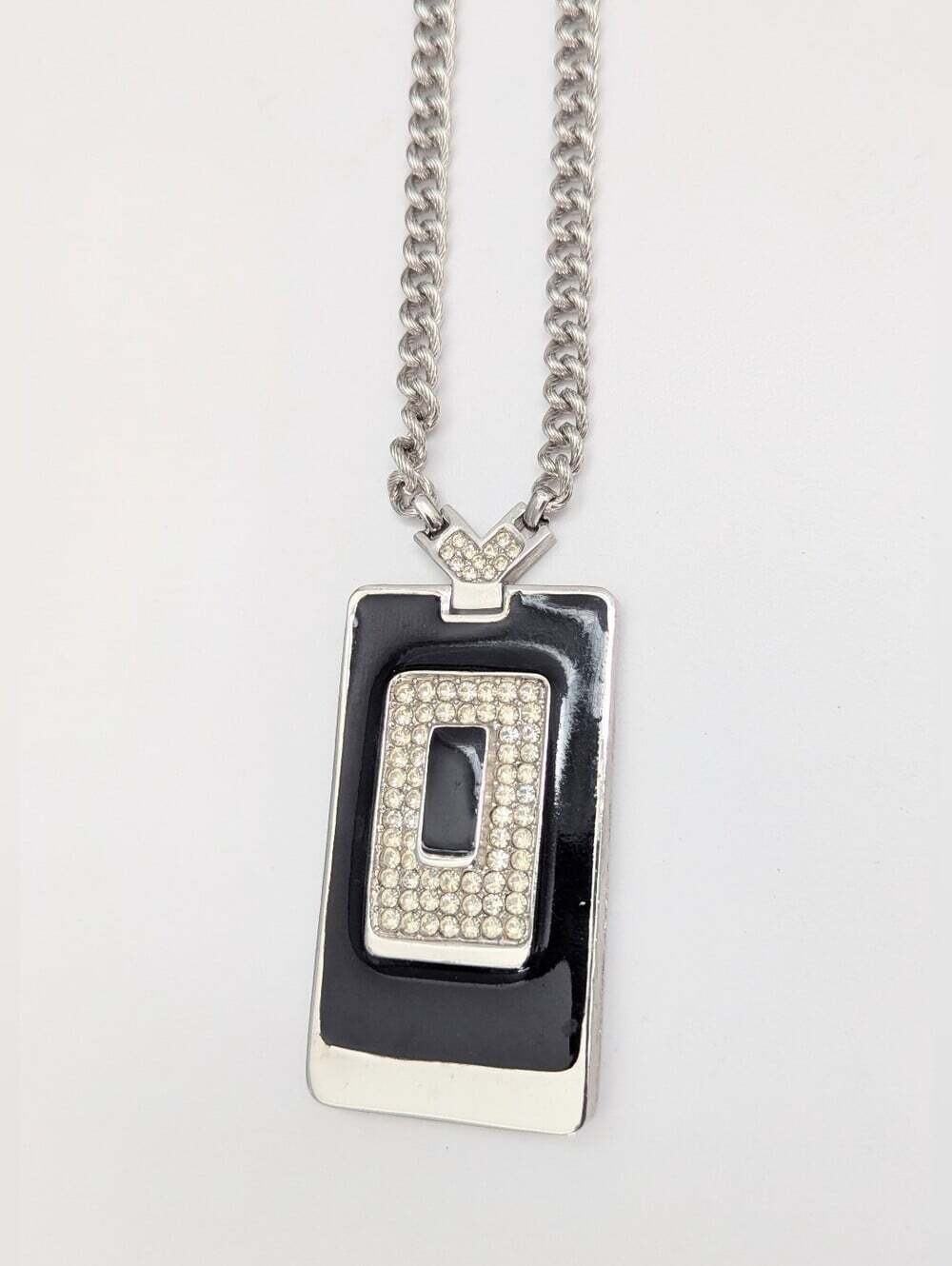 Unisex Designer-Style Black & Silver-Tone Crystal Pendant Necklace w/Thick Chain